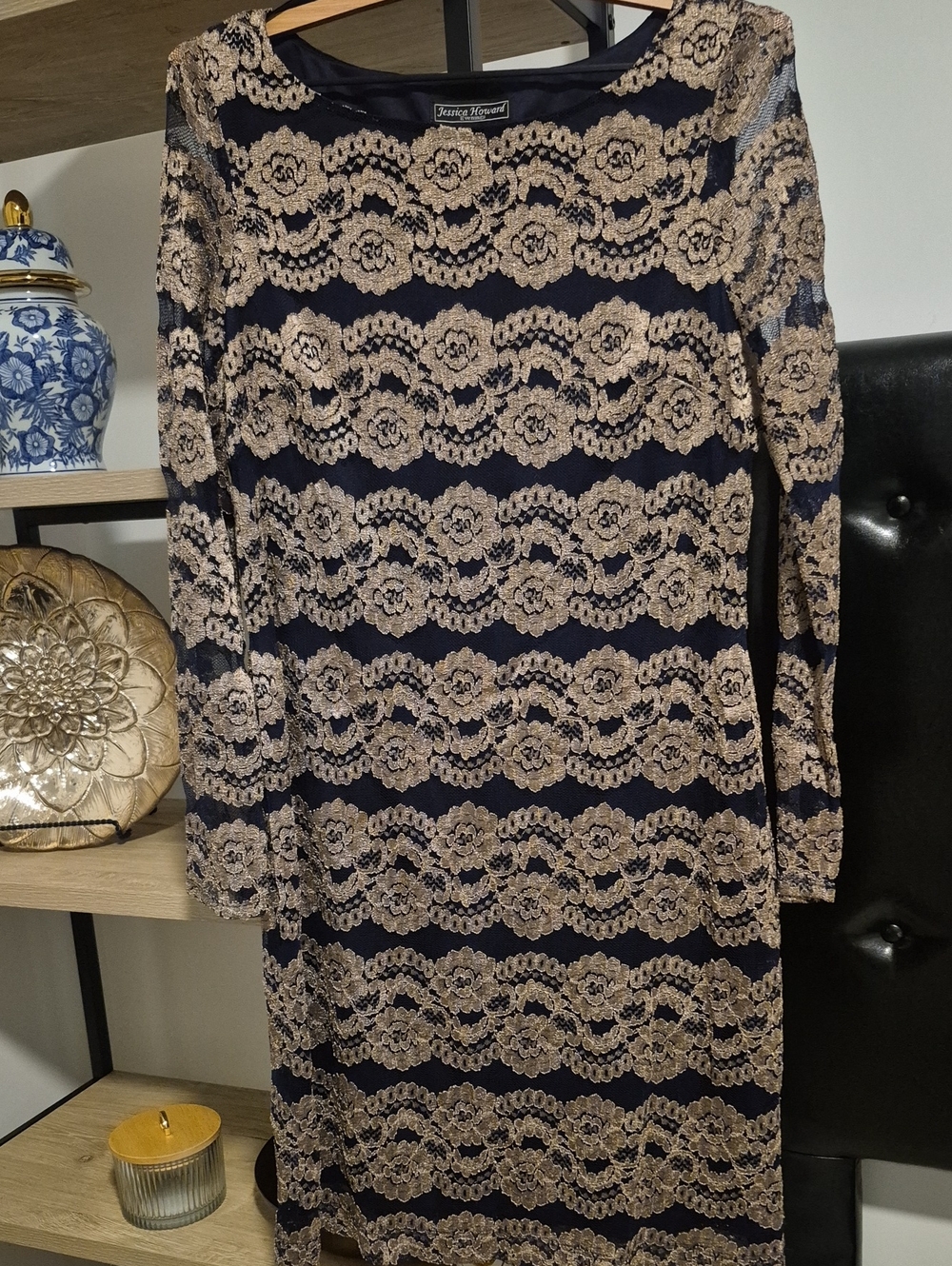 Jessica Howard Evenings Navy Dress with Gold Lace Overlay, Long Sleeve